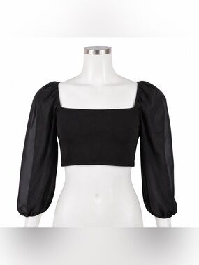 Windsor Black Puff Sleeve Crop Top - Square Neck - Size L - Going Out Y2K